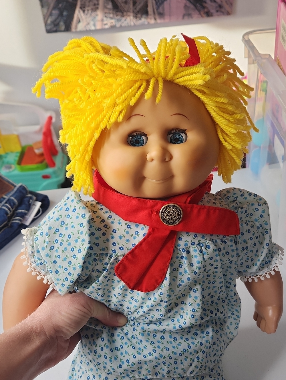 DavidCraft Vintage Yellow-Haired Plush Kids Doll with Red Scarf